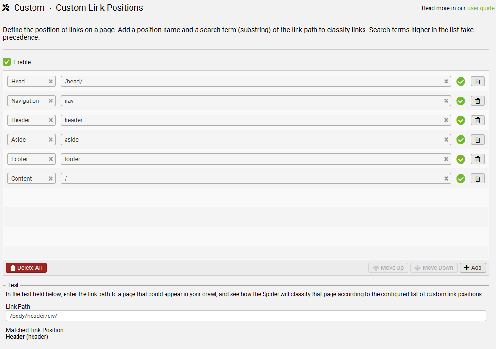 custom link positions